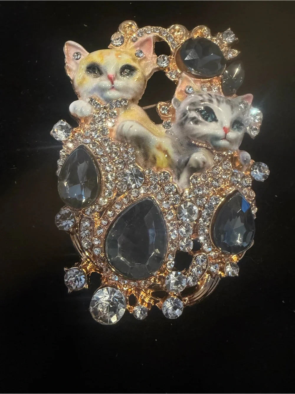 Vintage Cat Duo Crystal Brooch. Rare and unique.